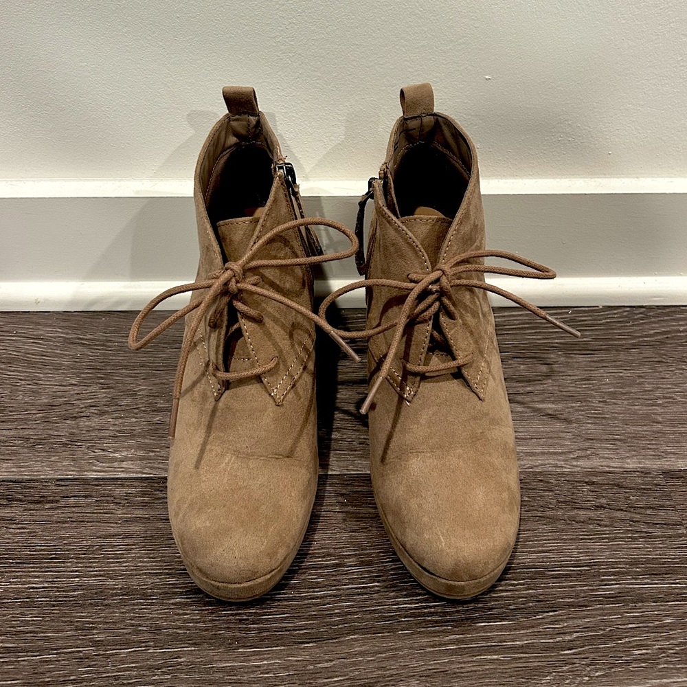 dv by dolce vita | tan suede wedge-heeled ankle booties